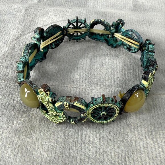 Nautical-Themed Stretch Bracelet Aged Patina Finish Tan Green Accents Distressed - Picture 2 of 16